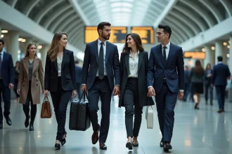 Groupe de professionnels dans une gare moderne en déplacement