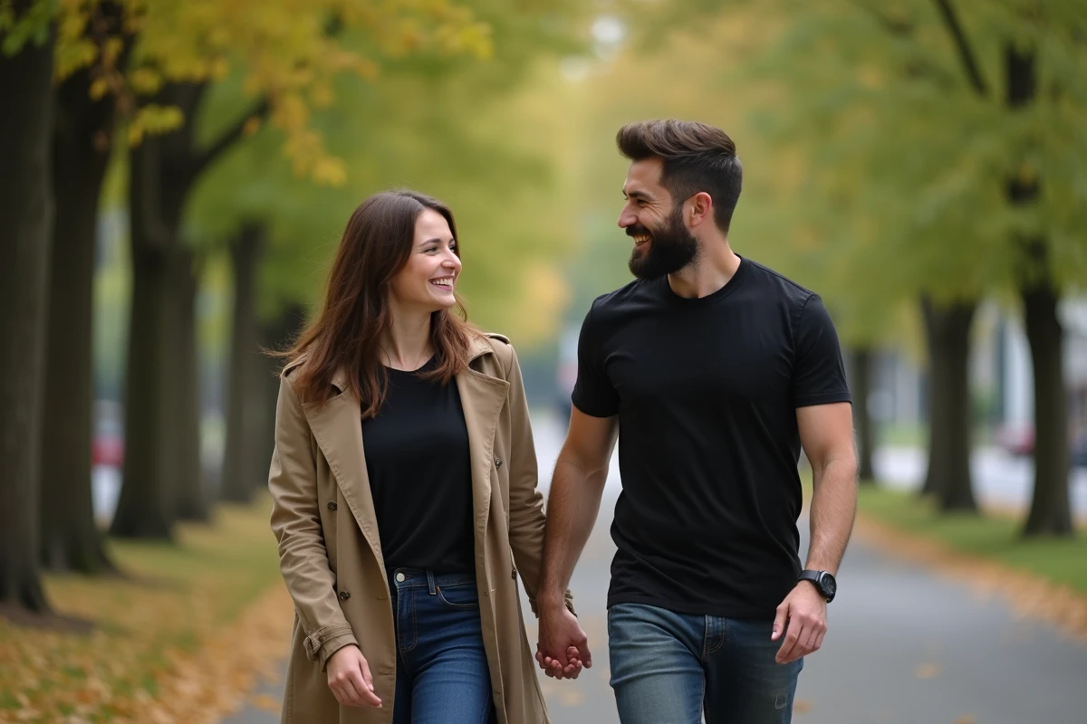 Couple riant en marchant dans un parc en automne