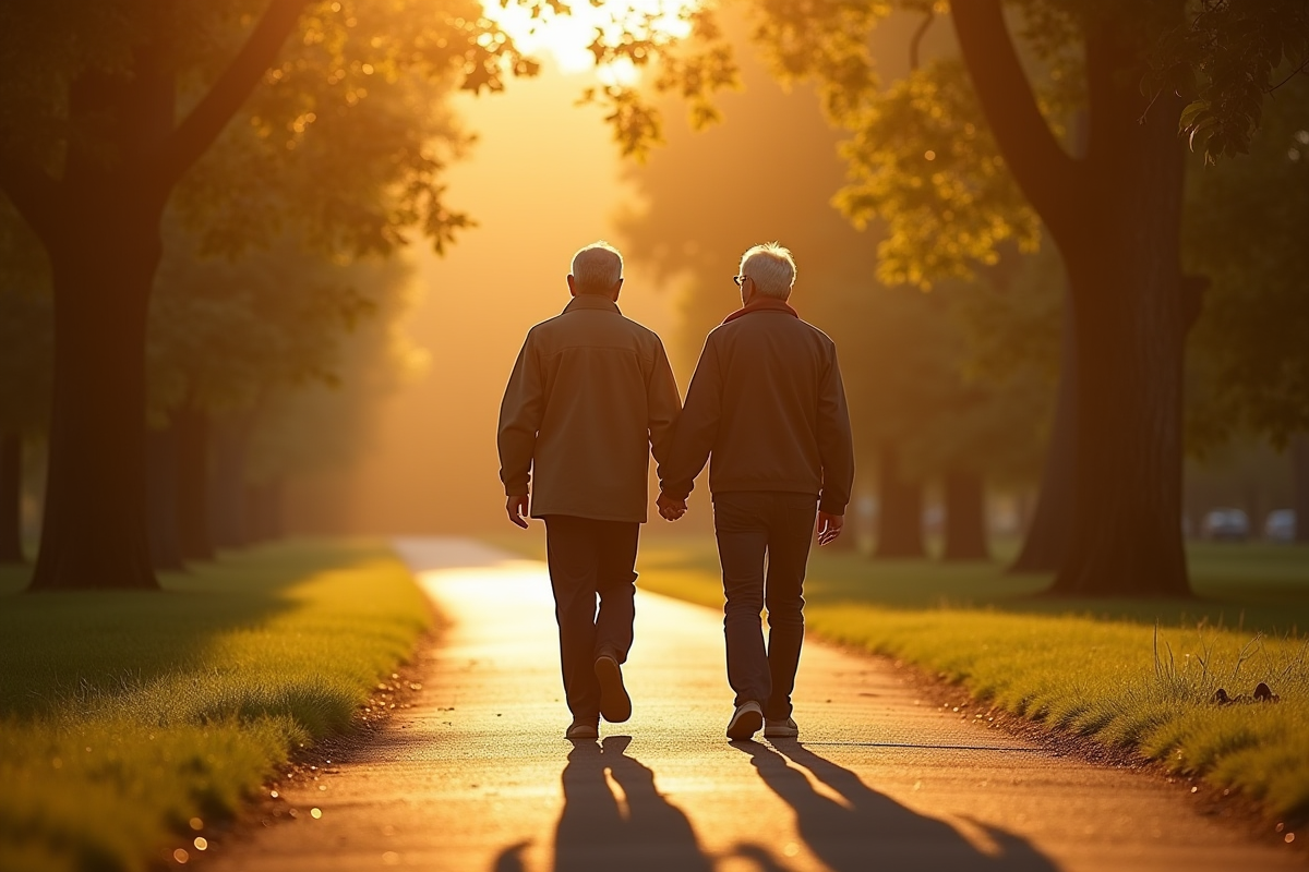 Couple âgé marchant main dans la main dans un parc au coucher du soleil