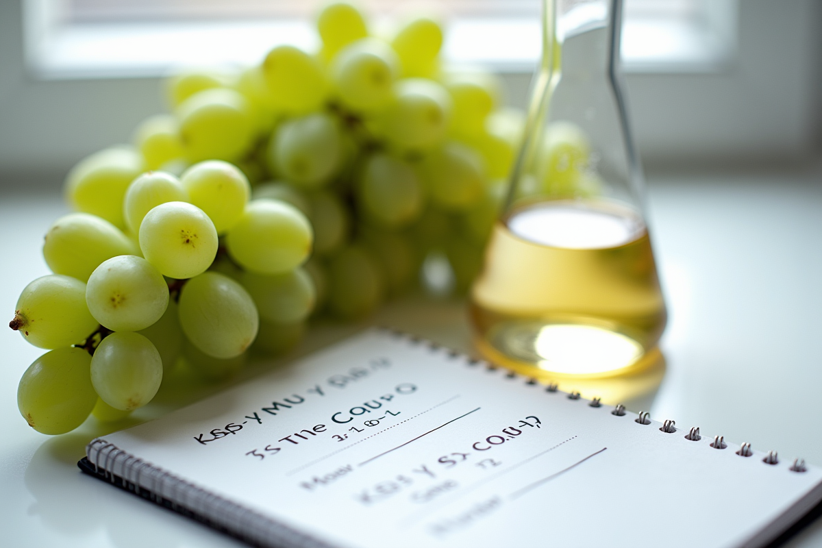Raisin vert et flacon de laboratoire avec formules chimiques