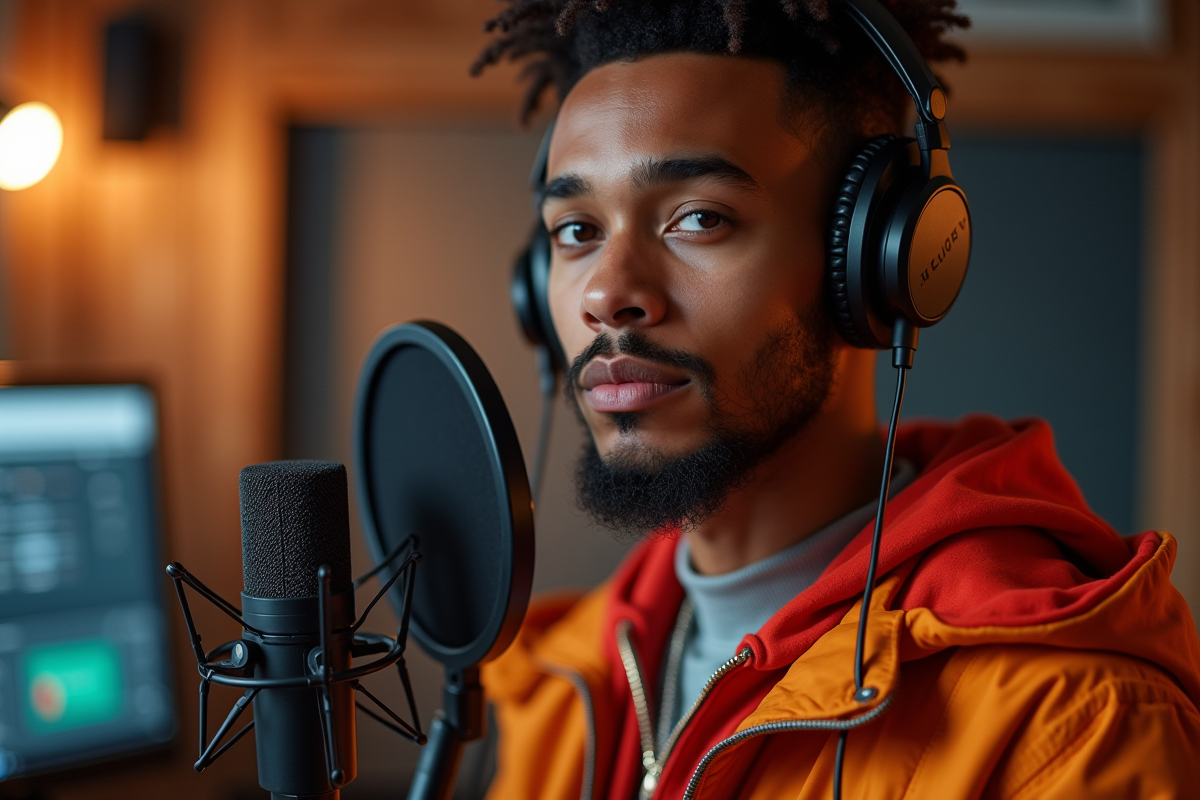 Jeune rappeur français dans un studio moderne avec micro