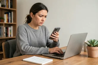 Femme cherchant un numéro de téléphone inconnu sur son smartphone et son ordinateur portable à son bureau