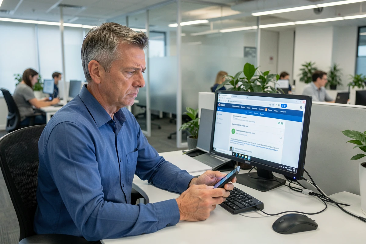 Homme d'affaires consultant un service de recherche inversée de numéro de téléphone sur ordinateur au bureau