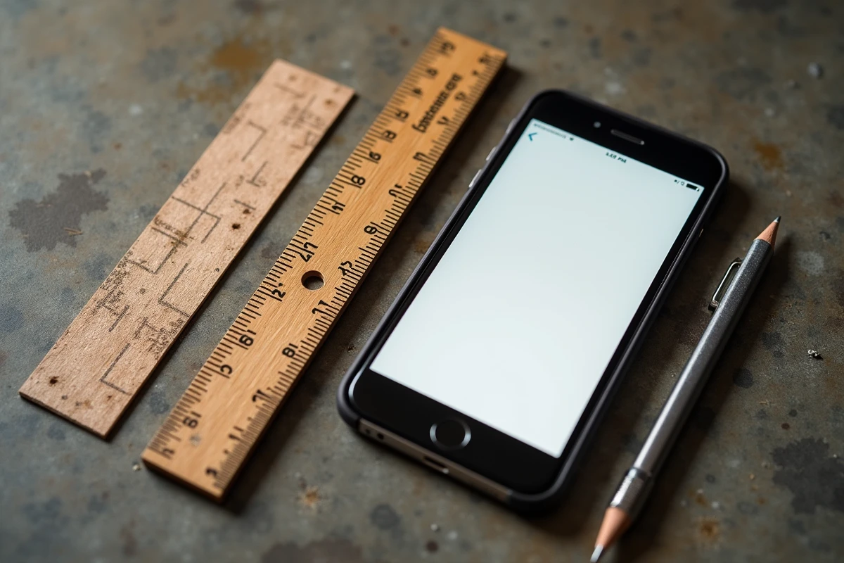Gros plan d'une règle pliante graduée en pouces et centimètres posée sur béton avec smartphone affichant un convertisseur en ligne pour le DIY
