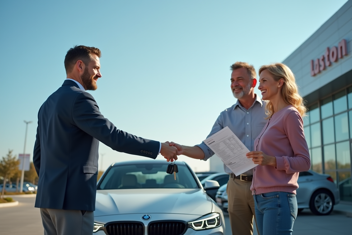 Vendeur remettant les clés à un couple souriant devant leur voiture