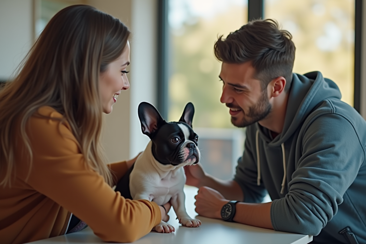 Jeune couple rencontrant un bulldog francais dans un refuge