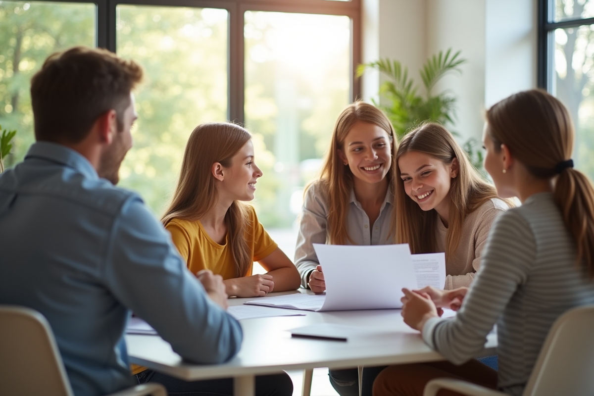 Famille rencontrant un conseiller logement dans un bureau lumineux