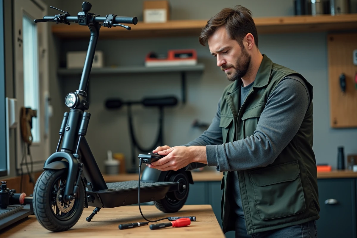 Mécanicien connectant un outil de diagnostic à une trottinette électrique démontée dans un atelier de réparation