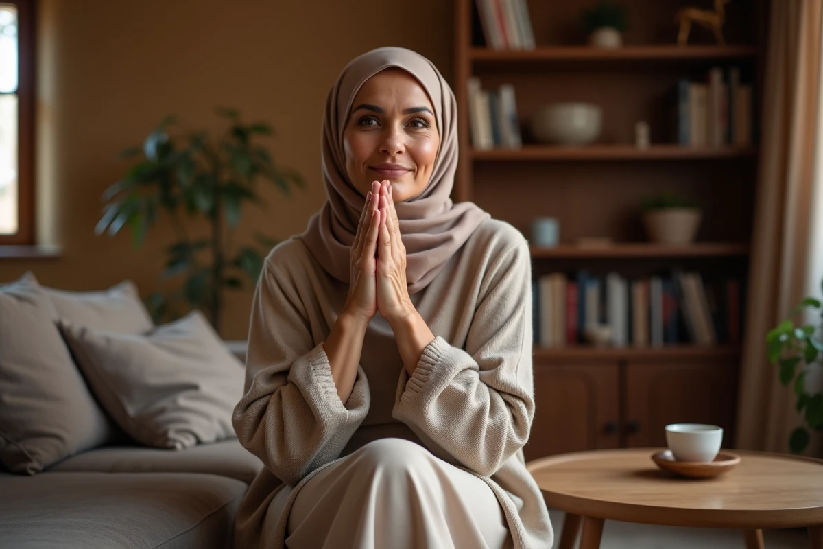 Femme musulmane en hijab exprimant une condoléance sincère avec pudeur dans un salon chaleureux
