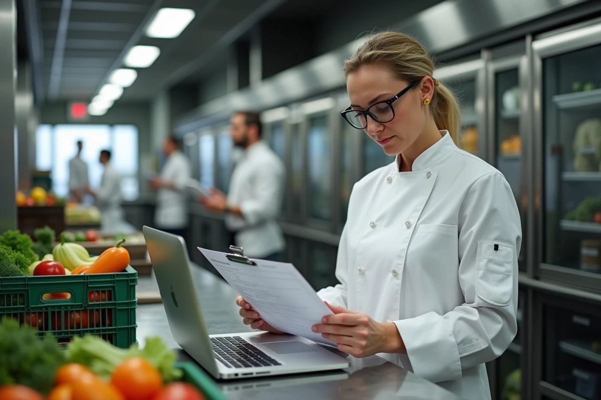 Responsable de cuisine collective à Hyères consultant un bon de commande sur un ordinateur portable dans une cuisine professionnelle