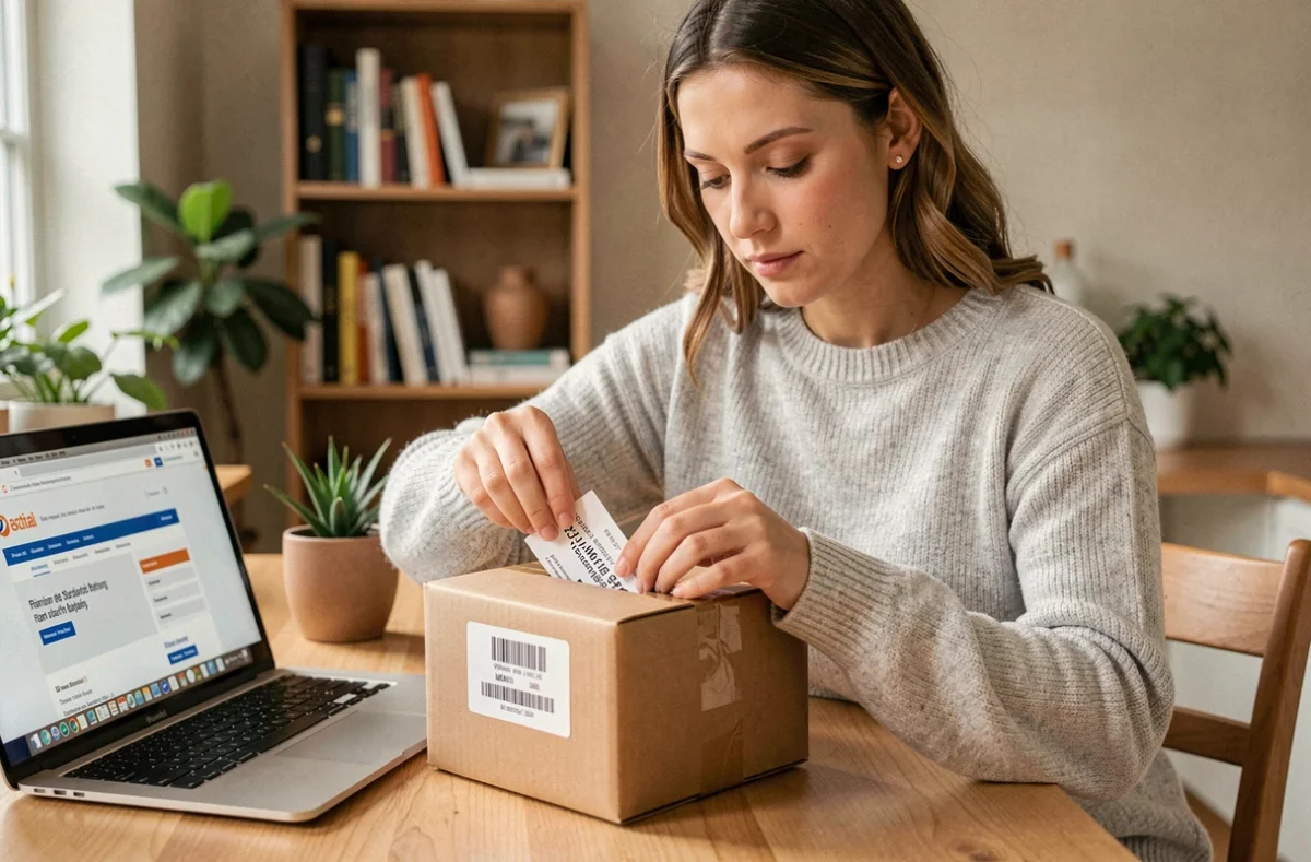 Femme collant une étiquette de retour prépayée La Poste sur un colis dans un appartement moderne