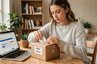 Femme collant une étiquette de retour prépayée La Poste sur un colis dans un appartement moderne