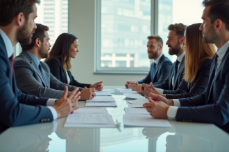 Groupe de professionnels d'affaires examinant des documents juridiques