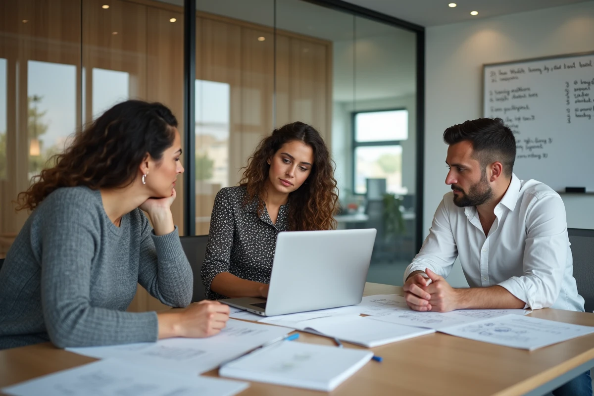 Équipe de professionnels en réunion discutant des enjeux juridiques et stratégiques liés aux noms de domaine en France