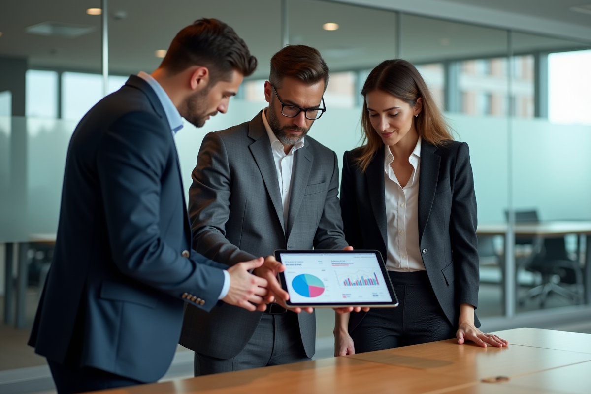 Groupe de professionnels discutant de graphiques financiers