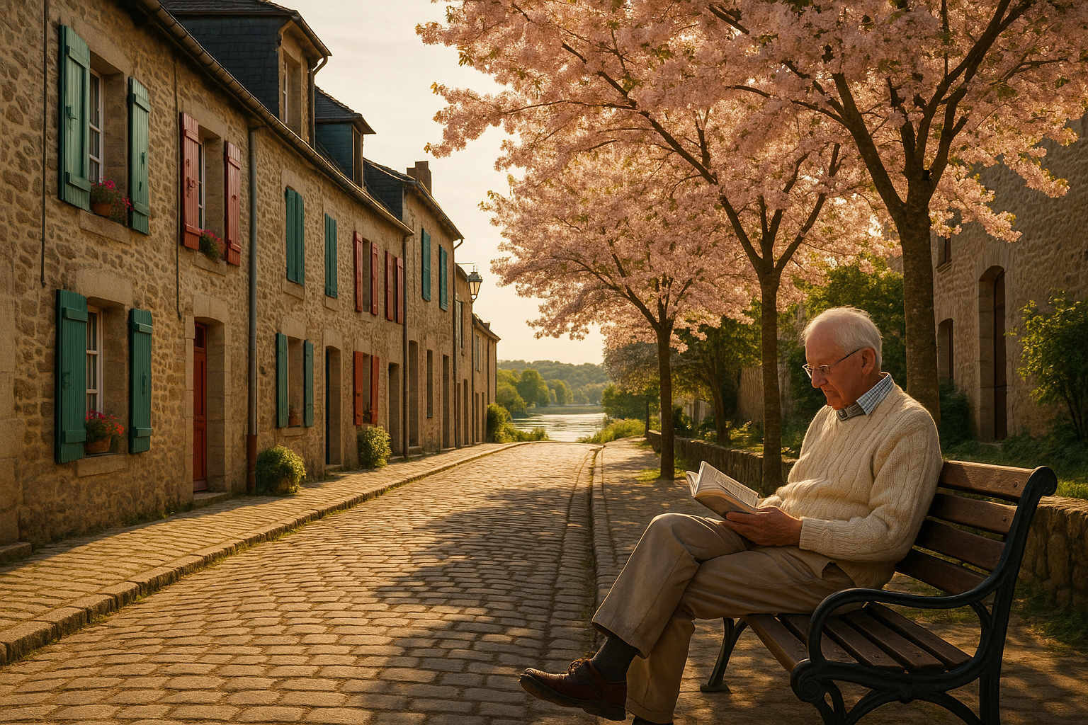 Rue tranquille dans le vieux Redon avec maisons colorées et homme lisant