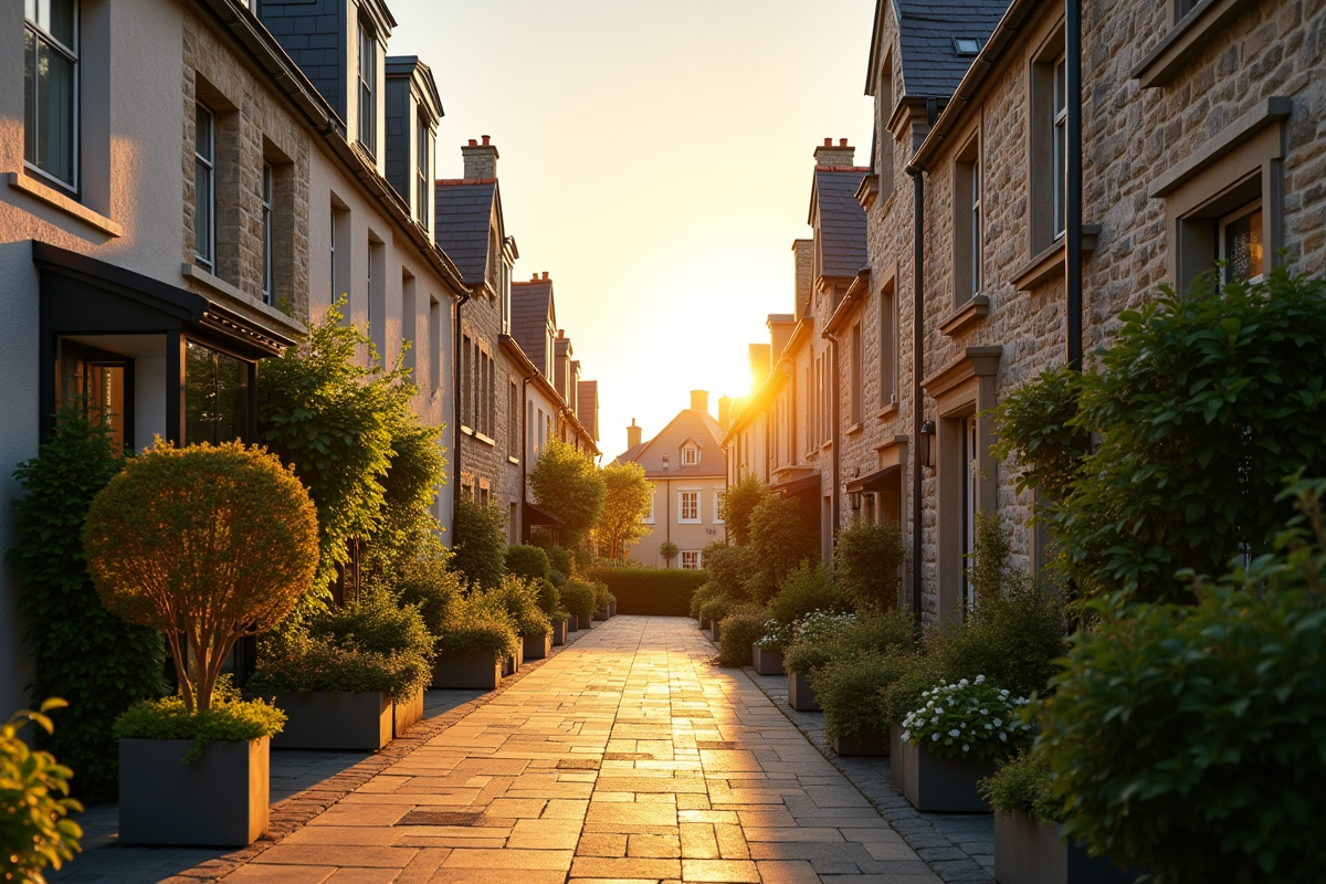 Rue résidentielle charmante à Dinard au coucher de soleil