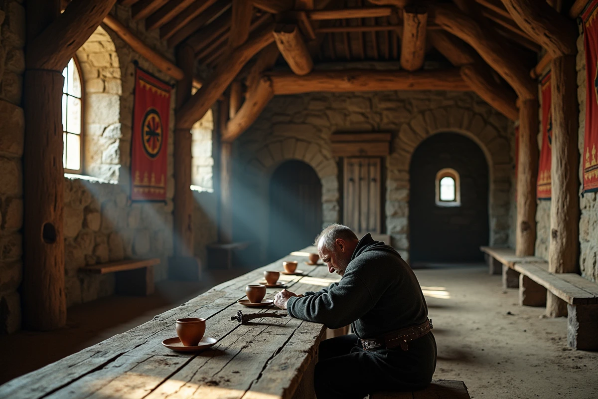 Intérieur d'une salle viking en bois avec un homme en deuil seul à une longue table, évoquant le deuil après la mort de Bjorn dans la série Vikings