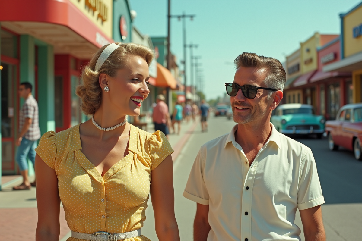 Scène de rue vintage des années 50 avec voitures et tenues rétro