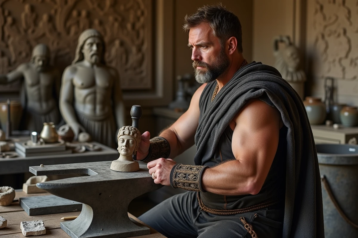 Acteur déguisé en Vulcan sculptant une pièce de métal dans un atelier intérieur