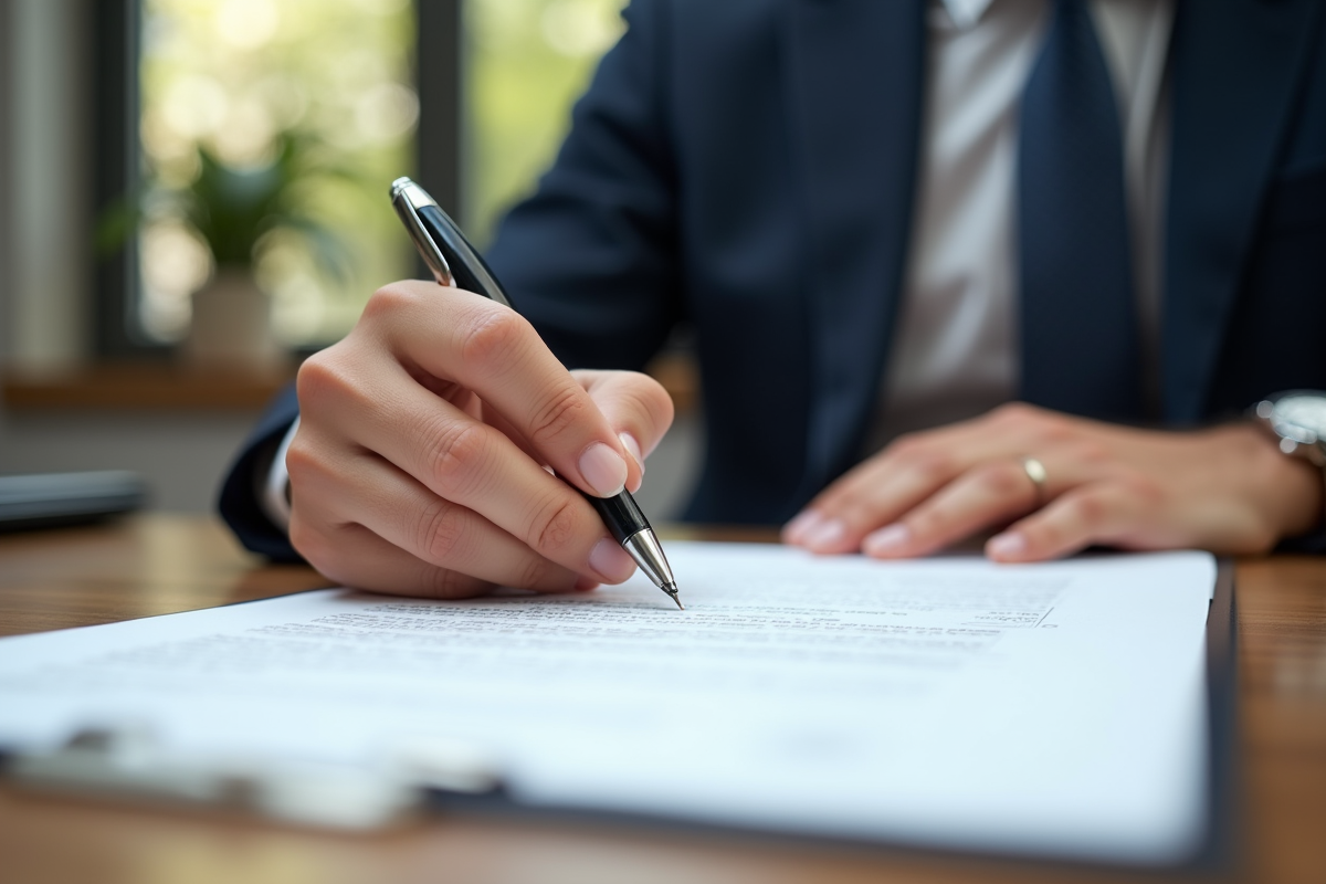 Main d'une personne d'affaires signant un document juridique