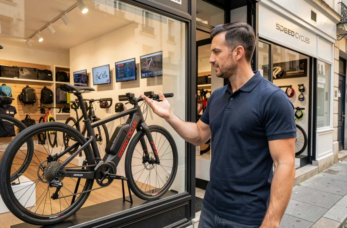 Vendeur présentant un vélo électrique de performance dans la boutique Speed Cycles