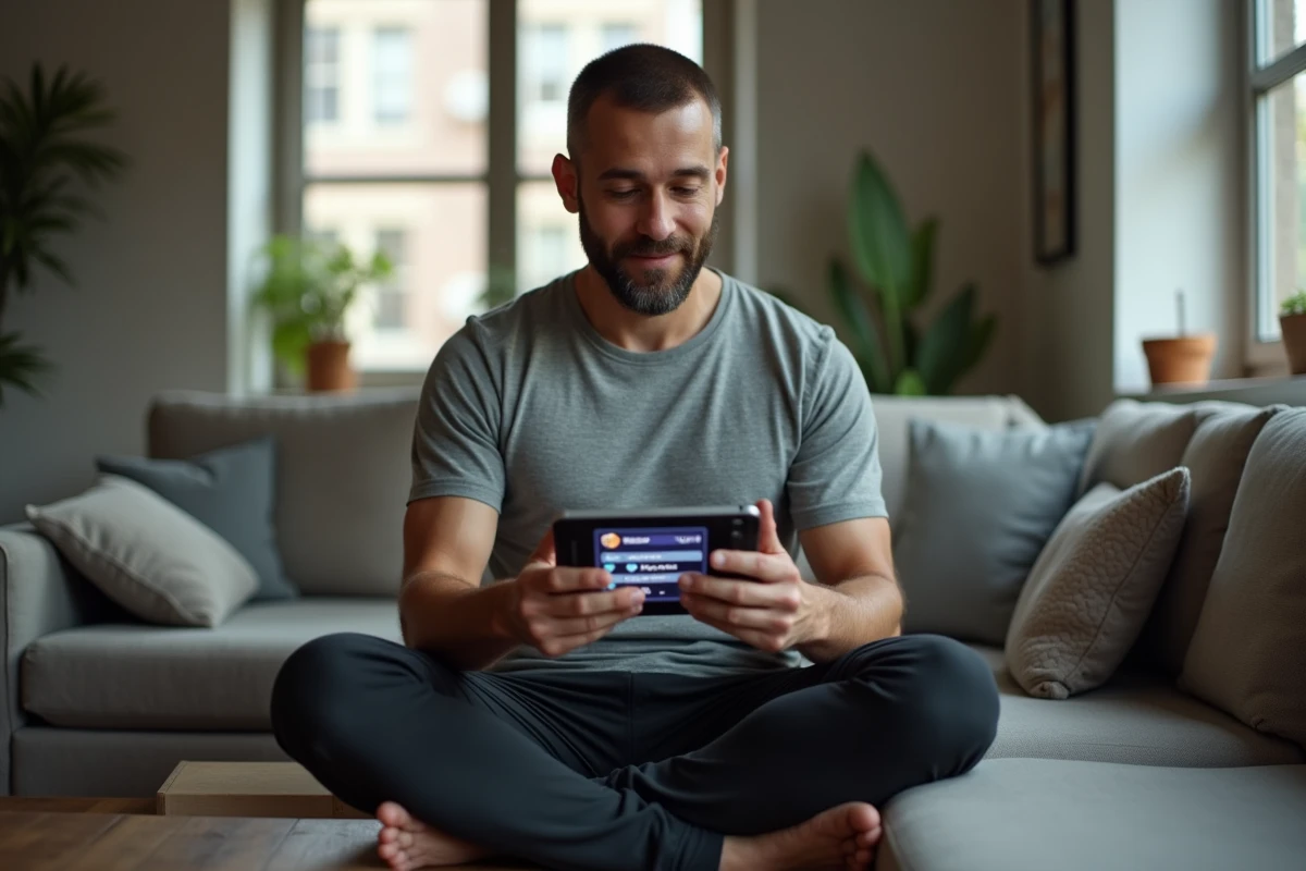 Homme adulte analysant la stratégie d'utilisation des diamants dans un jeu mobile agricole sur tablette