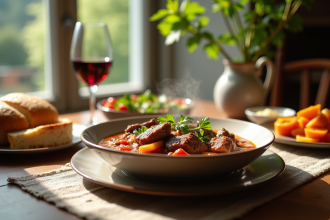 Table de dîner français avec bourguignon et baguette