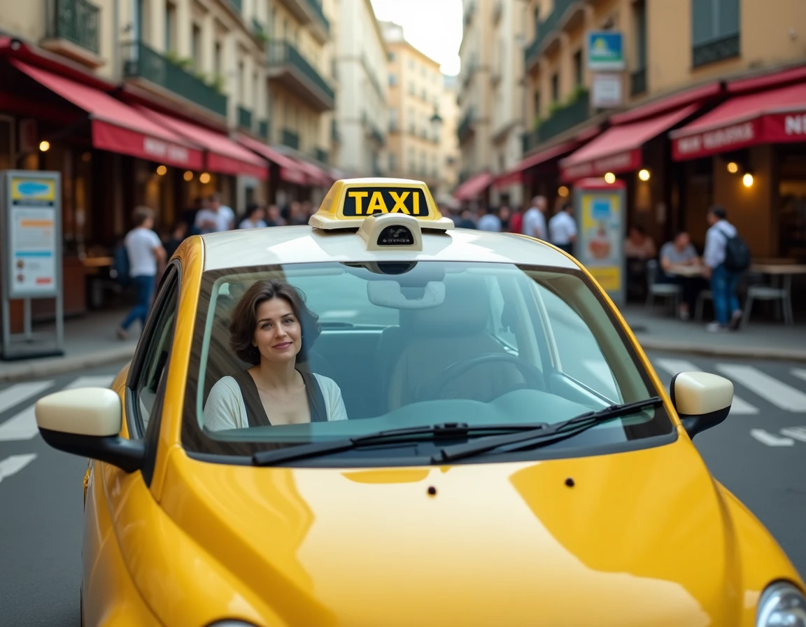 Taxi Marseille jaune et blanc arrêté à un passage piéton animé du centre-ville de Marseille avec des brasseries en arrière-plan