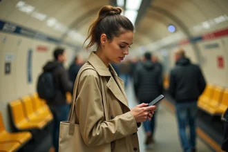 Femme consultant le trafic RATP en temps réel sur smartphone dans une station de métro parisienne