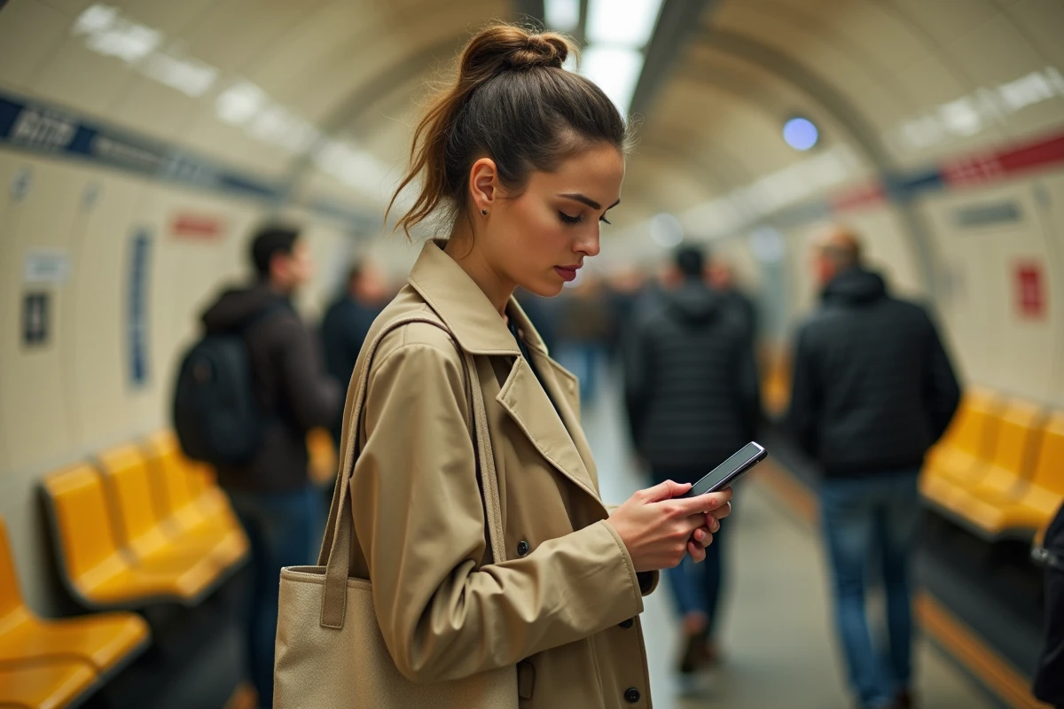 Femme consultant le trafic RATP en temps réel sur smartphone dans une station de métro parisienne