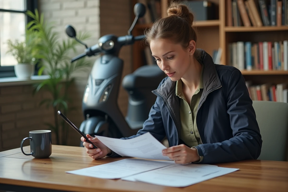 Femme consultant des documents légaux sur le débridage de trottinette électrique dans un bureau à domicile