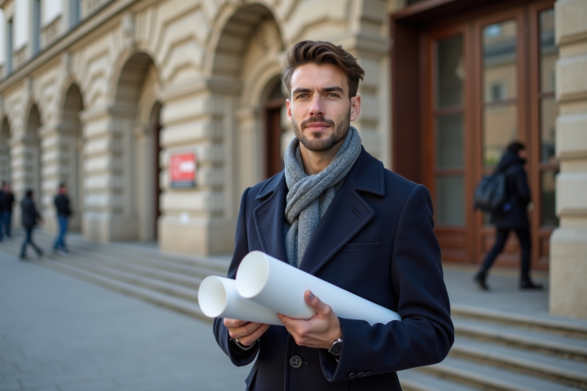 Jeune urbaniste devant mairie avec plans architecturaux
