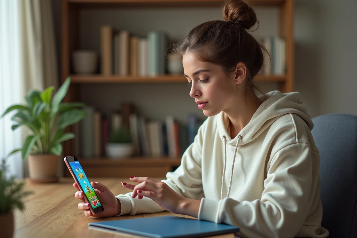 Jeune femme jouant à un jeu de ferme sur smartphone en gérant ses diamants virtuels