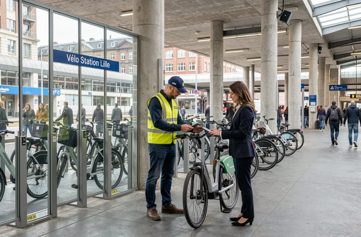 Agent Vélo Station Lille aidant une usagère à déverrouiller un vélo électrique en libre-service