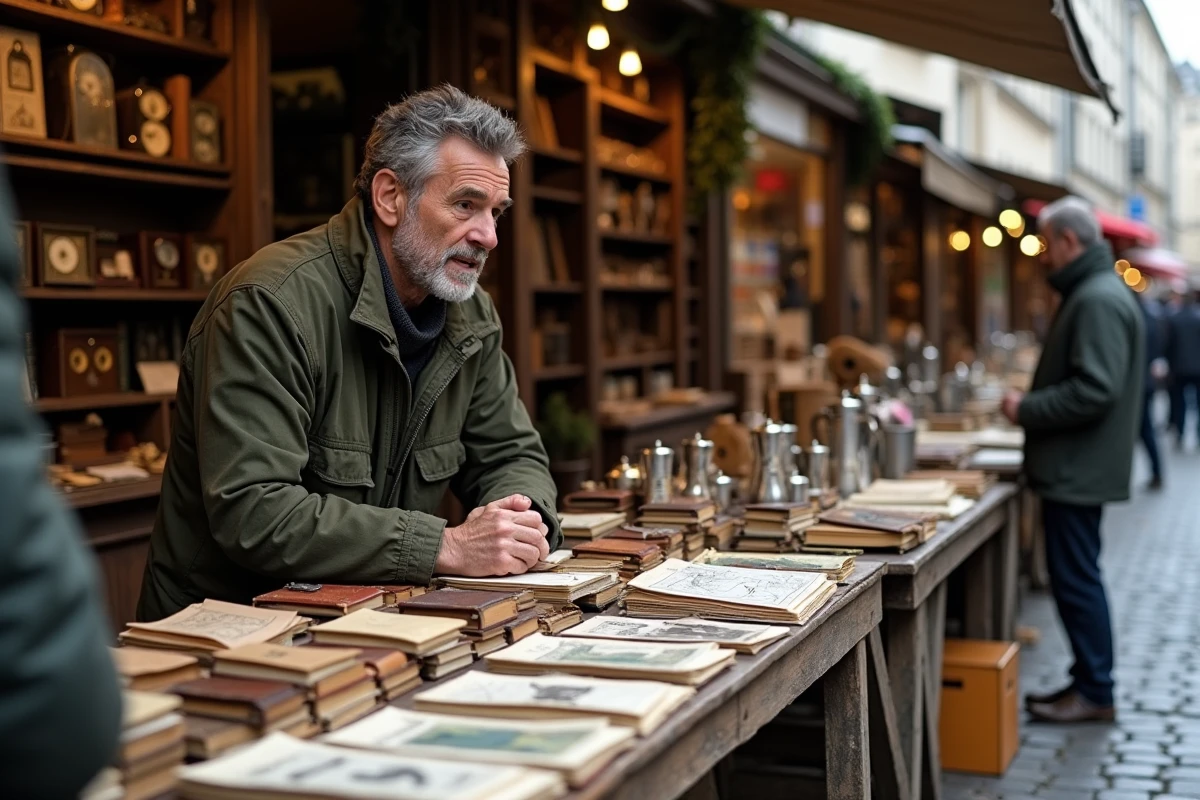 Vendeur de cartes postales anciennes et livres vintage au marché aux puces de la Porte de Vanves Paris