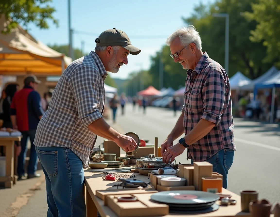 Vendeur installant son stand d'objets de brocante et de vinyles lors d'un vide grenier dans le 46 ou le 12