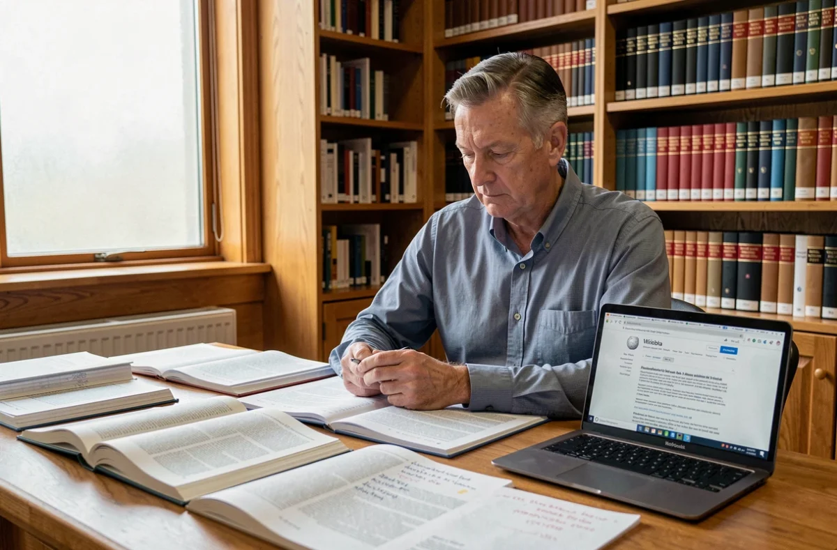 Homme consultant des sources factuelles et une page Wikipédia dans une bibliothèque publique pour vérifier des informations virales