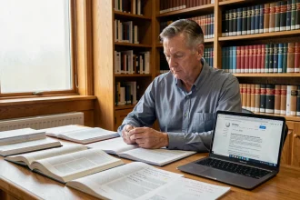 Homme consultant des sources factuelles et une page Wikipédia dans une bibliothèque publique pour vérifier des informations virales