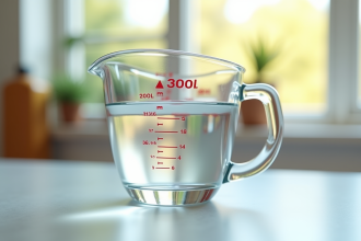 Verre mesureur d'eau de 200 cl dans une cuisine lumineuse