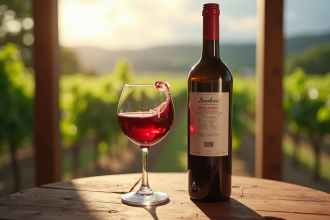 Verre de vin rouge tournant avec vignoble en arrière-plan