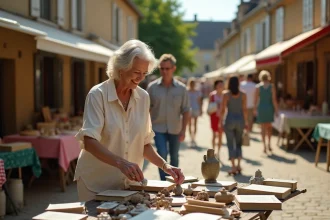 Femme parcourant des objets vintage lors d'un vide grenier en plein air dans un village du Lot ou de l'Aveyron