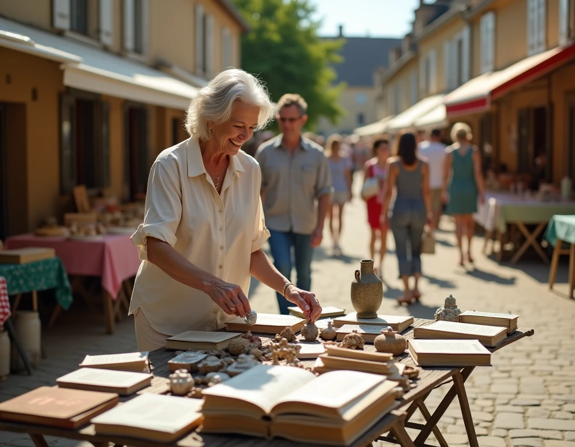 Femme parcourant des objets vintage lors d'un vide grenier en plein air dans un village du Lot ou de l'Aveyron