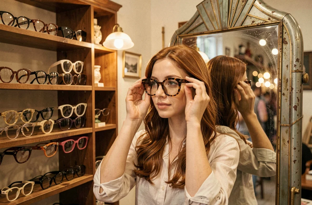 Intérieur d'une boutique de lunettes vintage Les Vieilles Branches avenue d'Espagne à Perpignan, jeune femme essayant des montures rétro