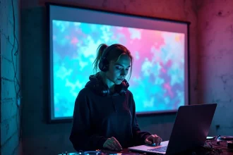 Visual jockey féminine derrière sa console VJ dans un club underground, écran de projection coloré en arrière-plan