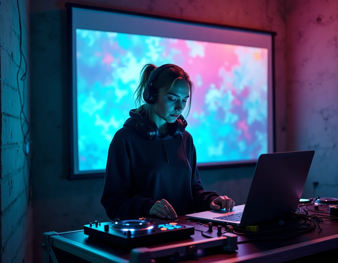 Visual jockey féminine derrière sa console VJ dans un club underground, écran de projection coloré en arrière-plan