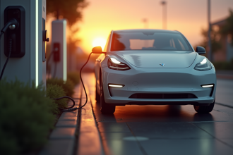 Voiture électrique branchée au matin à la station de charge
