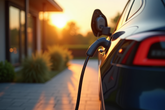 Voiture électrique en charge à domicile au lever du soleil