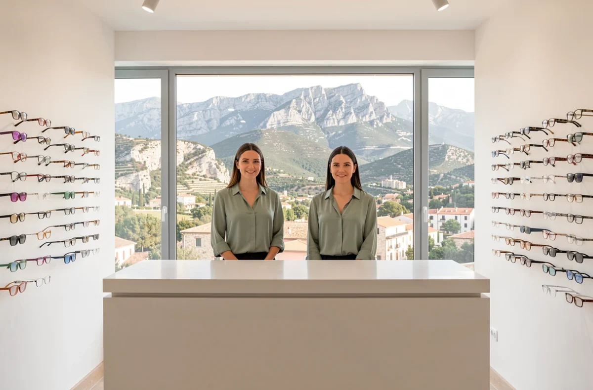 Deux opticienne de Céret souriantes derrière leur comptoir avec le paysage du Vallespir en arrière-plan, boutique Vos Opticiennes de Céret